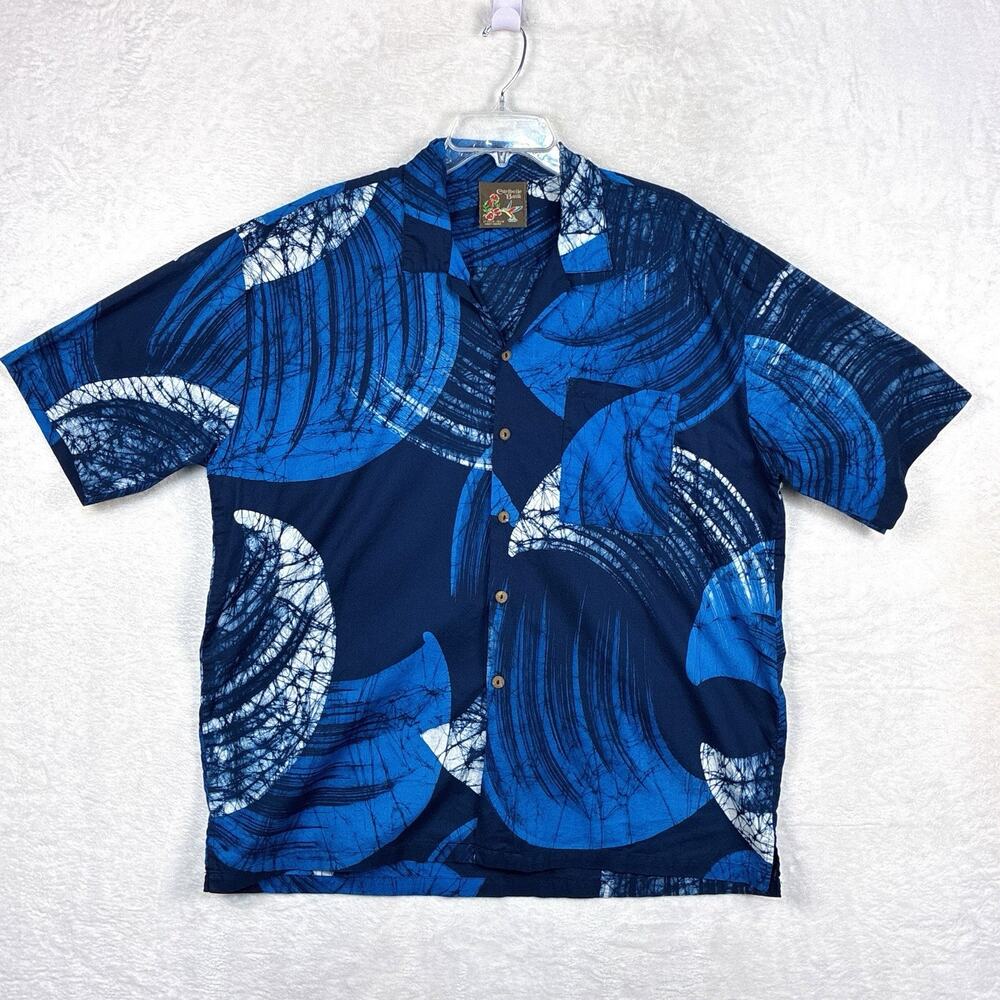 VTG Caribelle Batik Hawaiian Camp Shirt Mens Blue Abstract Art Tropical Aloha